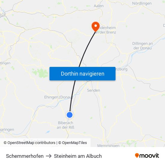 Schemmerhofen to Steinheim am Albuch map