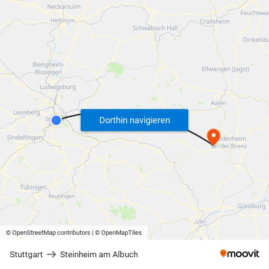 Stuttgart to Steinheim am Albuch map