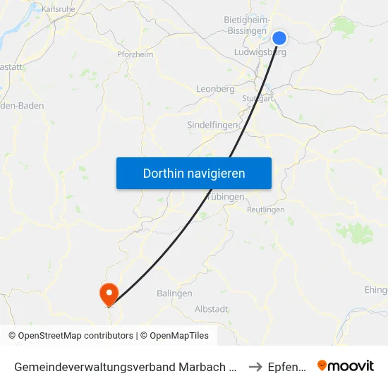 Gemeindeverwaltungsverband Marbach am Neckar to Epfendorf map