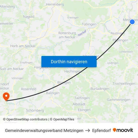 Gemeindeverwaltungsverband Metzingen to Epfendorf map