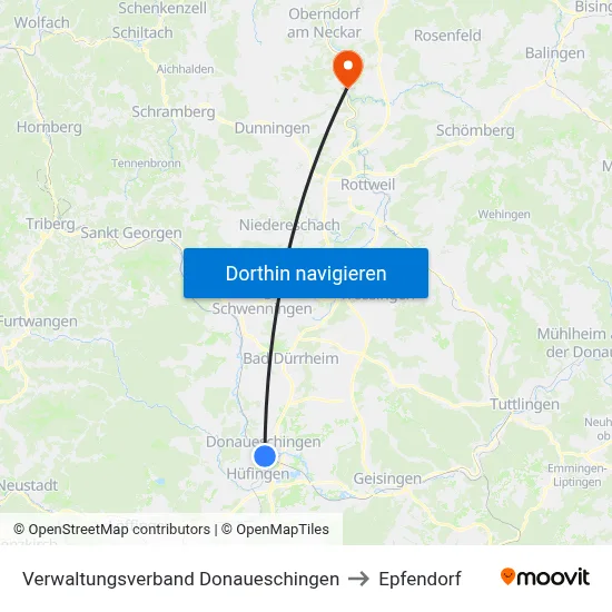 Verwaltungsverband Donaueschingen to Epfendorf map