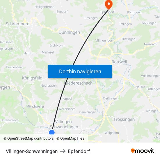 Villingen-Schwenningen to Epfendorf map