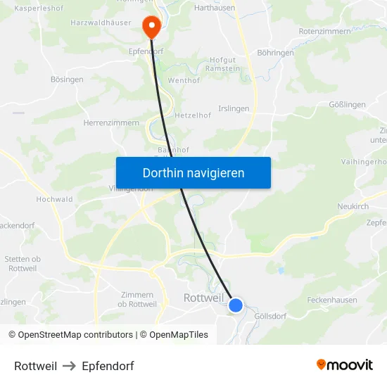Rottweil to Epfendorf map