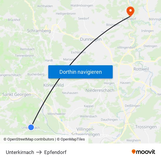 Unterkirnach to Epfendorf map