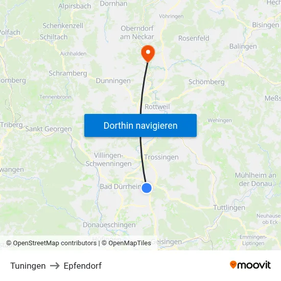 Tuningen to Epfendorf map