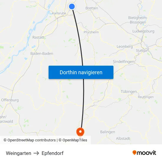 Weingarten to Epfendorf map