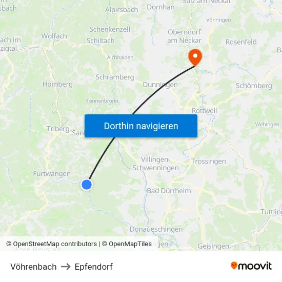 Vöhrenbach to Epfendorf map
