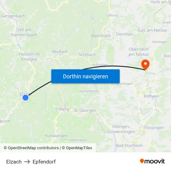 Elzach to Epfendorf map