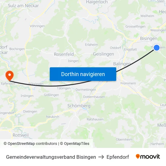 Gemeindeverwaltungsverband Bisingen to Epfendorf map