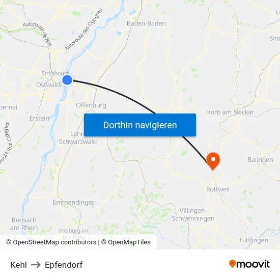 Kehl to Epfendorf map