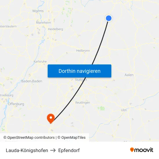 Lauda-Königshofen to Epfendorf map