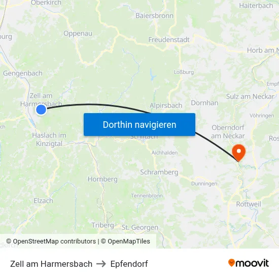 Zell am Harmersbach to Epfendorf map