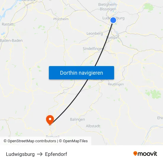 Ludwigsburg to Epfendorf map