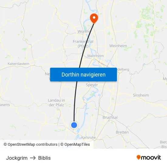 Jockgrim to Biblis map