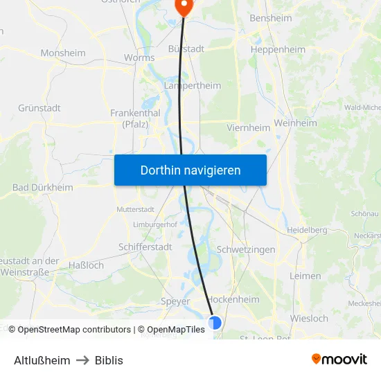 Altlußheim to Biblis map