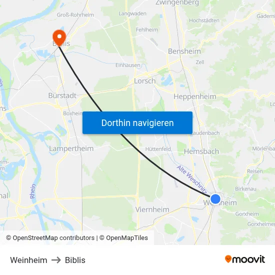 Weinheim to Biblis map