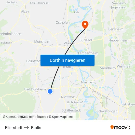 Ellerstadt to Biblis map