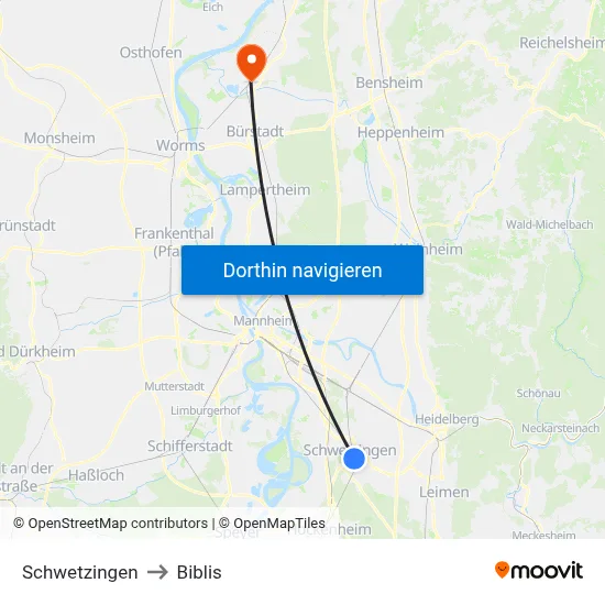 Schwetzingen to Biblis map