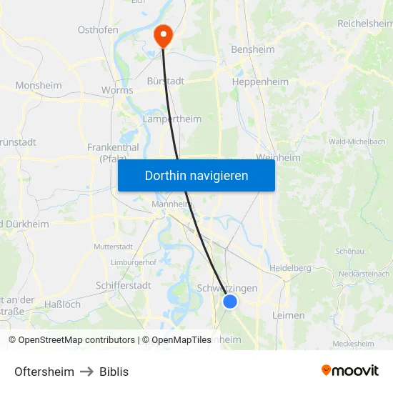 Oftersheim to Biblis map
