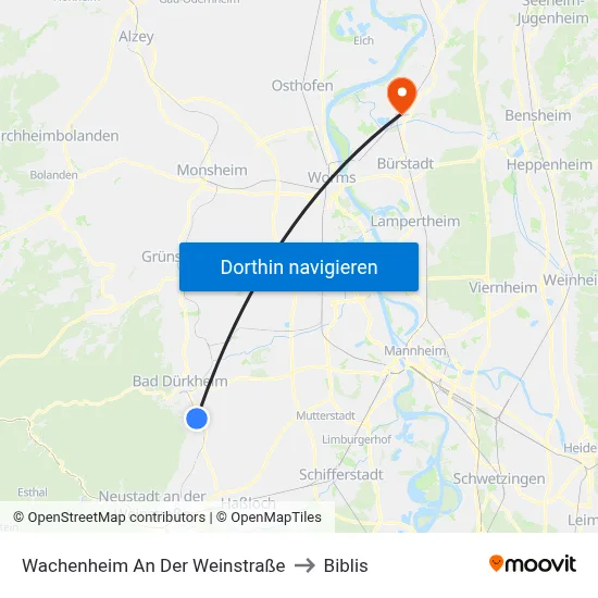 Wachenheim An Der Weinstraße to Biblis map