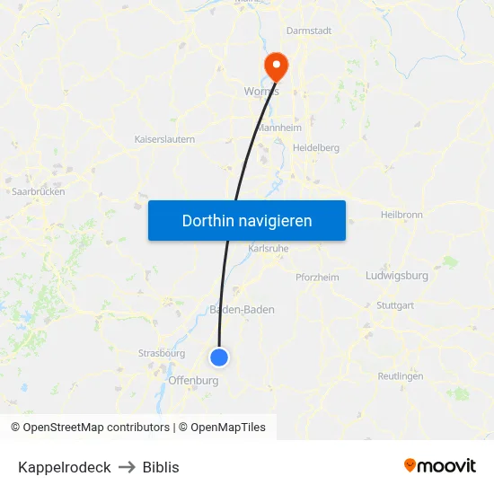 Kappelrodeck to Biblis map