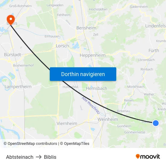 Abtsteinach to Biblis map
