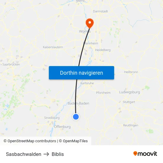 Sasbachwalden to Biblis map