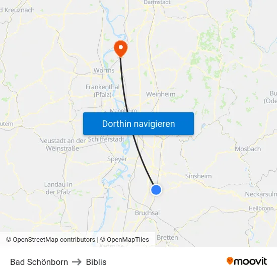 Bad Schönborn to Biblis map