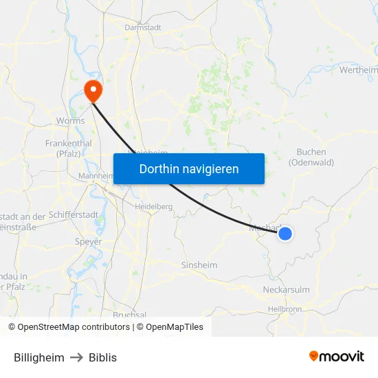 Billigheim to Biblis map