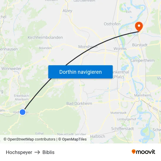 Hochspeyer to Biblis map