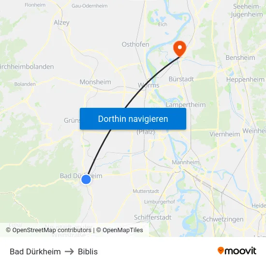 Bad Dürkheim to Biblis map