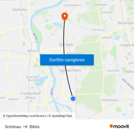Schönau to Biblis map