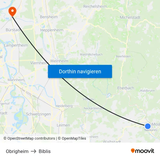 Obrigheim to Biblis map