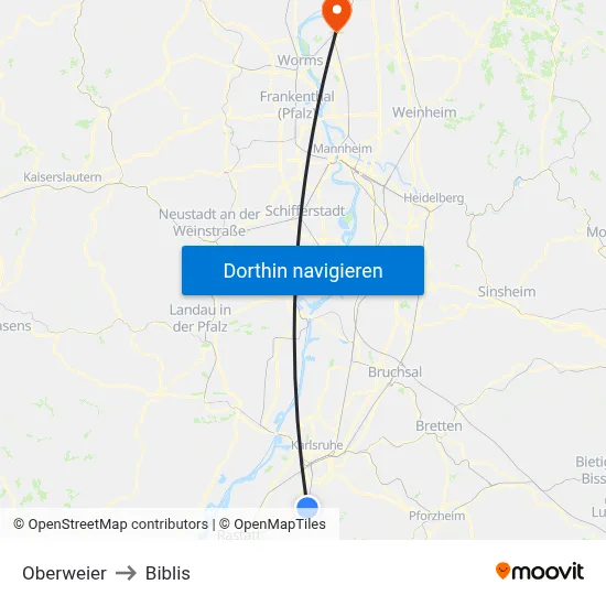 Oberweier to Biblis map