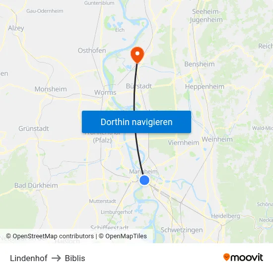 Lindenhof to Biblis map