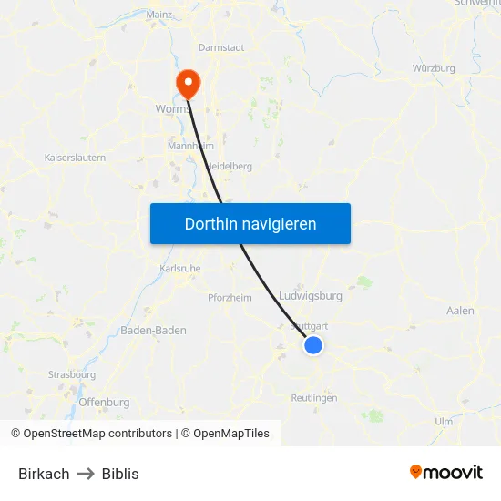 Birkach to Biblis map