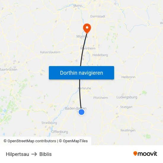 Hilpertsau to Biblis map