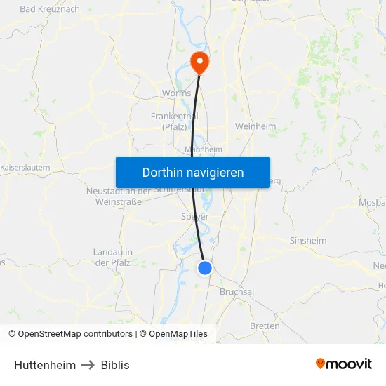 Huttenheim to Biblis map