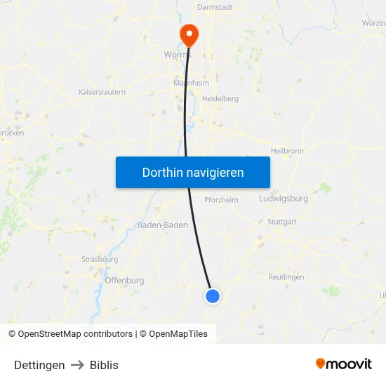 Dettingen to Biblis map