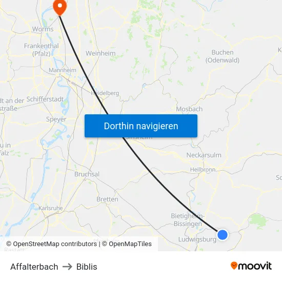 Affalterbach to Biblis map