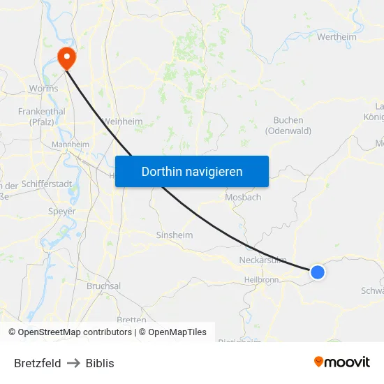Bretzfeld to Biblis map