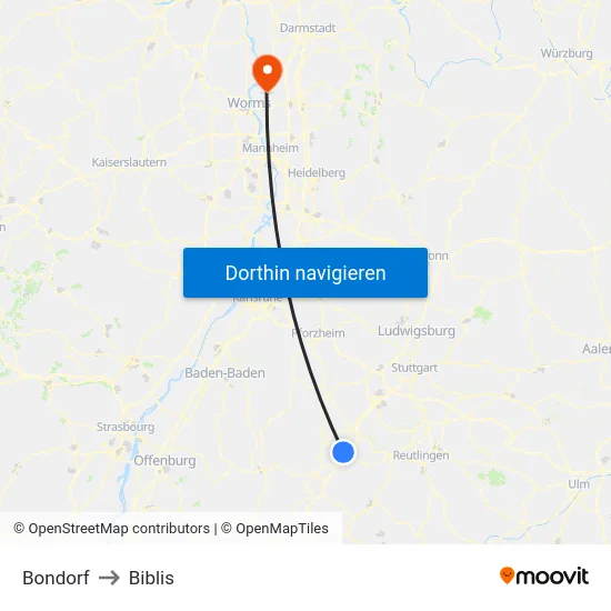 Bondorf to Biblis map