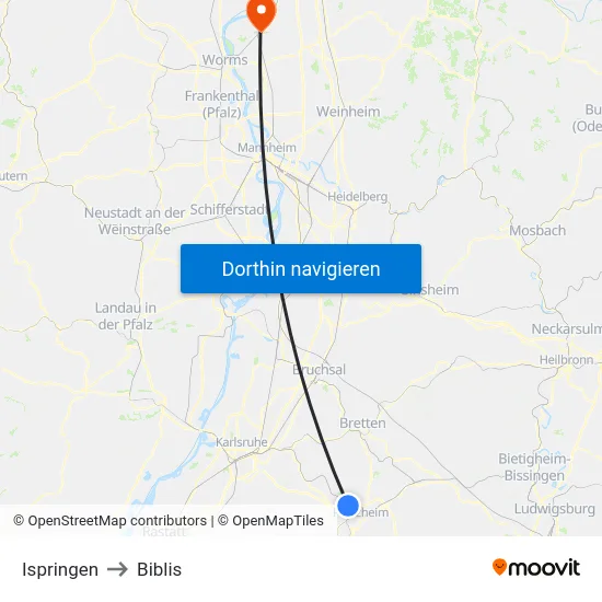 Ispringen to Biblis map