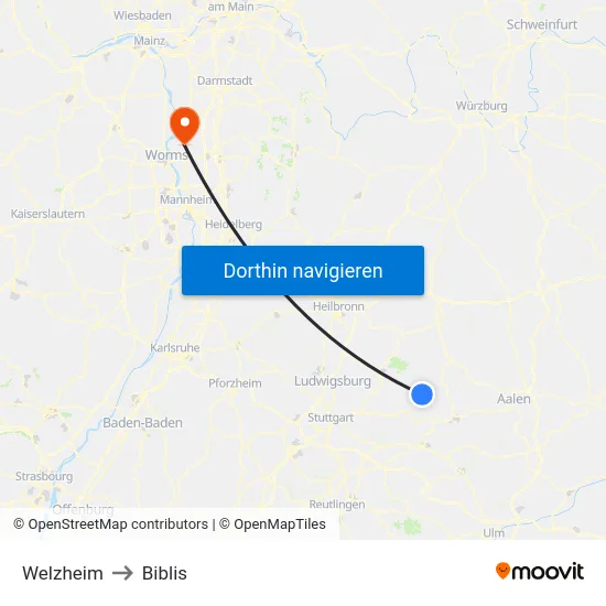 Welzheim to Biblis map