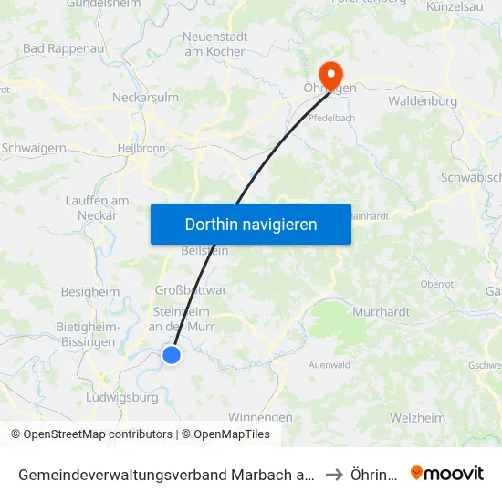 Gemeindeverwaltungsverband Marbach am Neckar to Öhringen map