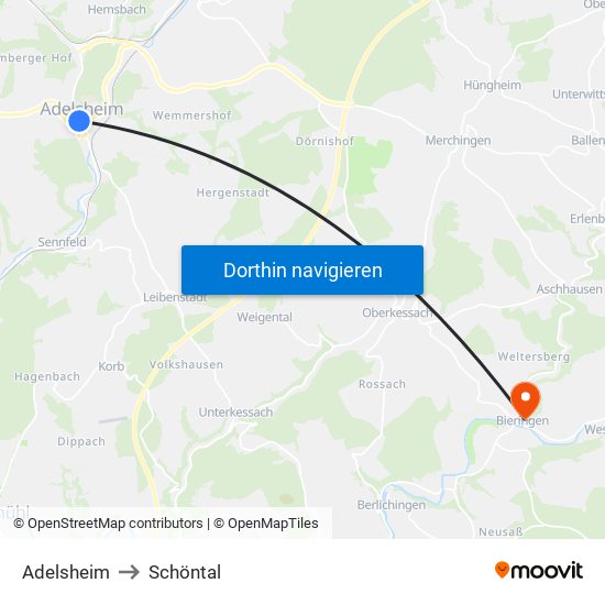 Adelsheim to Schöntal map