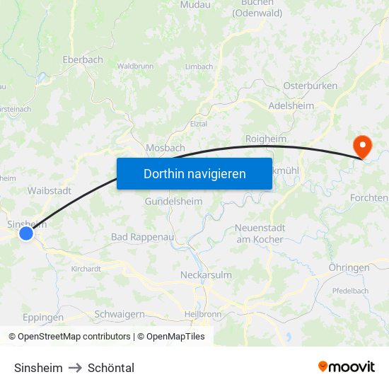 Sinsheim to Schöntal map