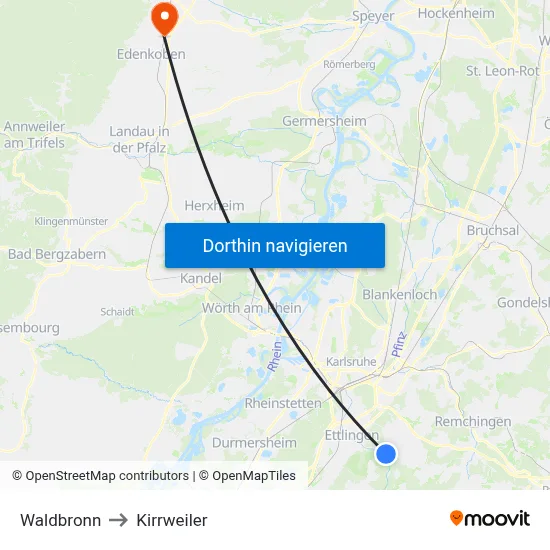 Waldbronn to Kirrweiler map