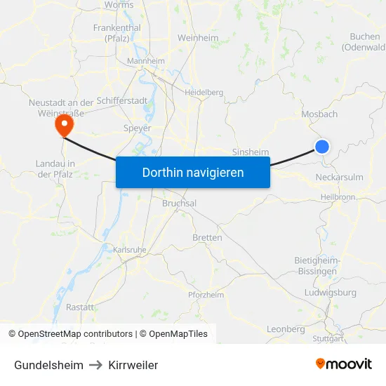 Gundelsheim to Kirrweiler map