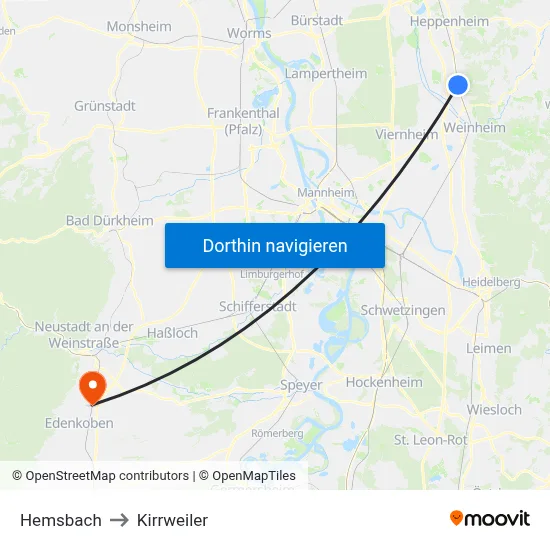 Hemsbach to Kirrweiler map